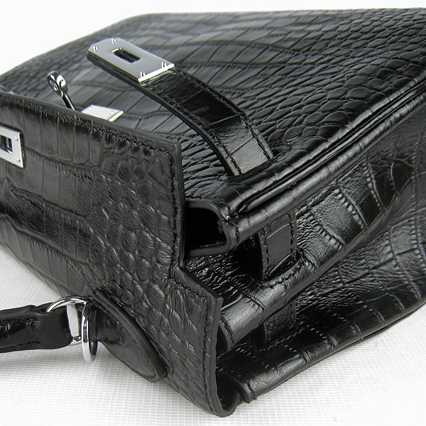 7A Replica Hermes Kelly 32cm Crocodile Veins Leather Bag Black 6108
